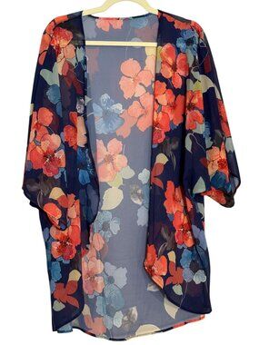 Sheer Navy Blue Floral Kimonostyle Coverup Cardigan Womens Plus Size 2XL